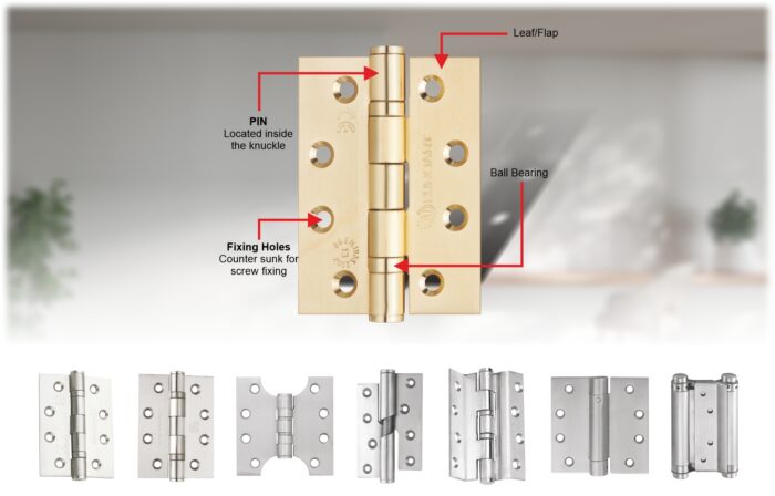 Different types of door hinges including butt, concealed, and ball bearing hinges